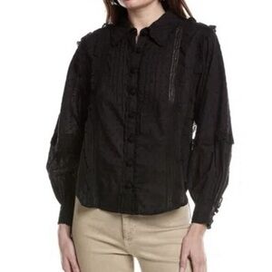 Farm Rio Black Romantic Swiss Dot Ruffle Button Up Blouse Lace Victorian Size XS